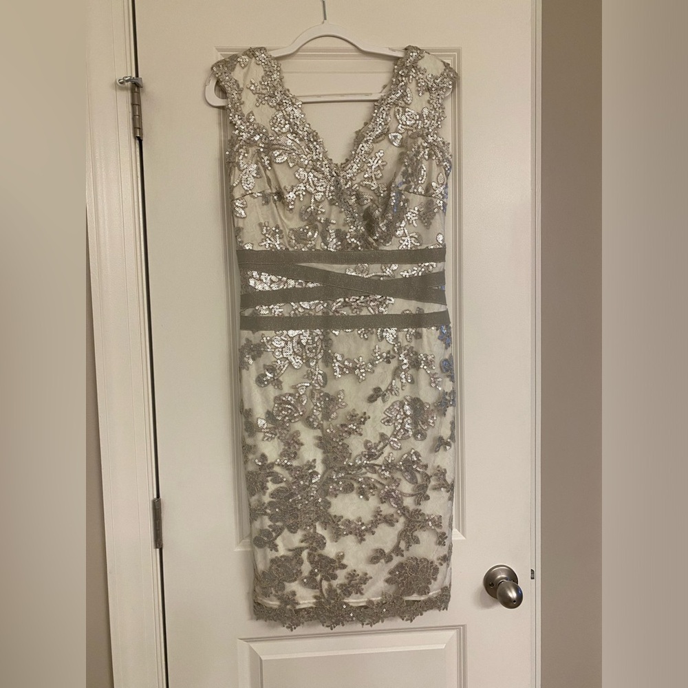 Tadashi Shoji elegant white and silver dress